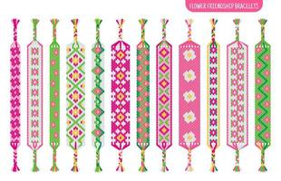 Pink flower handmade friendship bracelets set of threads or beads. Macrame normal pattern tutorial. vector