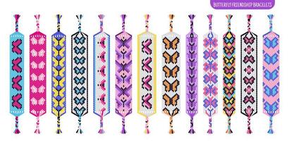 Colorful butterfly handmade friendship bracelets set of threads or beads. Macrame normal pattern tutorial. vector