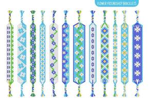 Blue flower handmade friendship bracelets set of threads or beads. Macrame normal pattern tutorial. vector