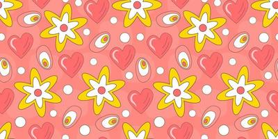 Seamless pattern with retro flowers 70. Psychedelic groovy geometric pattern with flowers. Daisy and heart hippie background. Flat vector illustration. Psychedelic wallpaper