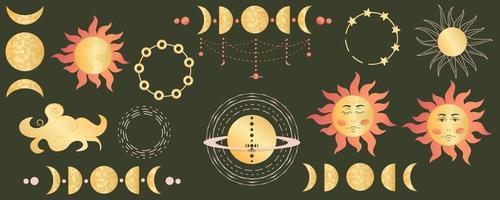 Phases of the moon,heavenly sun in set on dark background. Mystical sacred astrology with stars, cloud. Golden figures, elements in celestial bodies. Vector illustration. Moon phases and sun with face