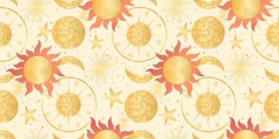 Star celestial seamless pattern with sun and planet. Magical astrology in vintage boho style. Golden sun with rays and moon. Vector illustration