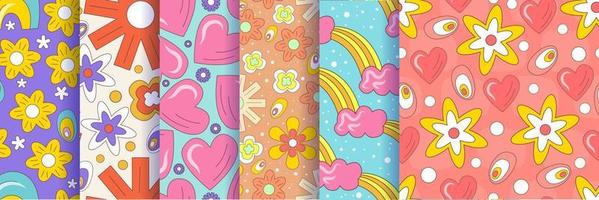 Seamless pattern with retro flowers 70s set. Psychedelic groovy geometric pattern with flowers. Rainbow, heart and daisies for hippie background. Flat vector illustration. Psychedelic wallpaper