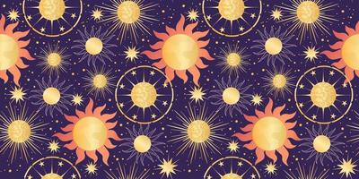 Star celestial seamless pattern with sun and planet. Magical astrology in vintage boho style. Golden sun with rays and stars. Vector illustration.