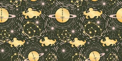 Celestial seamless pattern with cloud and planett. Magic astrology in boho vintage style. Mystical pagan golden sun with planets and constellation. Vector illustration