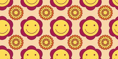 Groovy y2k retro seamless pattern with flower and smile . Retro vector illustration. Groovy flower background. Colorful hippie seamless pattern illustration.