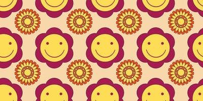 Groovy y2k retro seamless pattern with flower and smile . Retro vector illustration. Groovy flower background. Colorful hippie seamless pattern illustration.