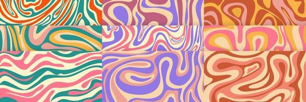 Psychedelic swirl groovy pattern set. Psychedelic retro wave wallpaper. Liquid groovy background. Vector design illustration.