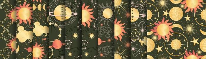 Celestial seamless pattern set with sun, moon and stars. Magic astrology in boho vintage style. Mystical pagan golden sun with planets and moon phases. Vector illustration.