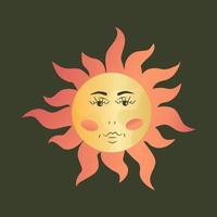 Celestial sun boho vintage style in astrology. Sun with face and rays isolated. Esoteric occult symbol for tarot. Vector illustration.