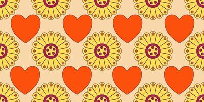 Groovy y2k retro seamless pattern with flower and heart. Retro vector illustration. Groovy flower background. Colorful hippie seamless pattern illustration.