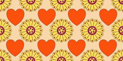 Groovy y2k retro seamless pattern with flower and heart. Retro vector illustration. Groovy flower background. Colorful hippie seamless pattern illustration.