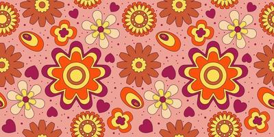 Groovy y2k retro seamless pattern with flower and heart. Retro vector illustration. Groovy flower background. Colorful hippie seamless pattern illustration.