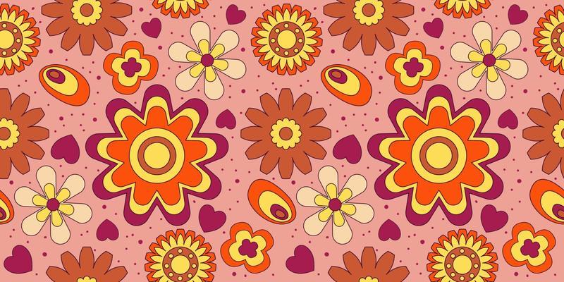 Groovy y2k retro seamless pattern with flower and heart. Retro vector illustration. Groovy flower background. Colorful hippie seamless pattern illustration.