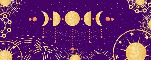 Celestial astrological background with moon phase and constellations. Mystical astrology, celestial space with golden signs. Vector illustration