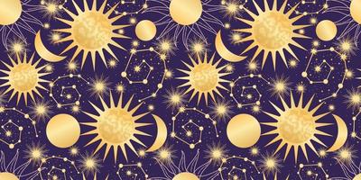 estrella celestial de patrones sin fisuras con el sol y la luna. astrología mágica en estilo boho vintage. sol dorado con rayos y constelaciones. ilustración vectorial vector