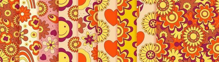 Modern flower retro groovy 70s pattern set. Groovy flower background. Hippy illustration with 70s for print design. Hippie print illustration. Vector retro floral seamless pattern