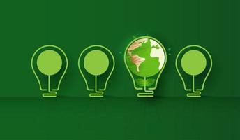 Energy saving eco lamp technology nature concep. lightbulb standing out from unlit incandescent bright on green background. think green ecology and save energy creative idea concept. vector design