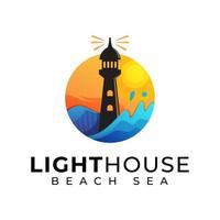 Lighthouse with wave in sea logo, summer ocean logo design vector template