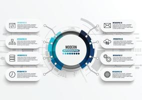 plantilla infográfica vectorial con etiqueta de papel 3d, círculos integrados. concepto de tecnología con 8 opciones. para contenido, diagrama, diagrama de flujo, pasos, partes, infografías de línea de tiempo, flujo de trabajo, gráfico. vector