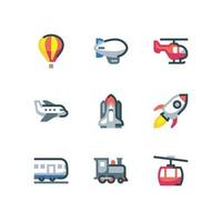 Train and air transportation icon set with plane and rocket vector icons