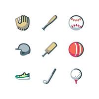 conjunto de iconos de béisbol y golf con iconos vectoriales de pelota y bate vector