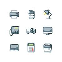 conjunto de iconos de electrónica de oficina con iconos vectoriales de computadora e impresora vector