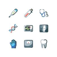 diagnóstico médico y conjunto de iconos de laboratorio con termómetro e iconos de vectores dentales