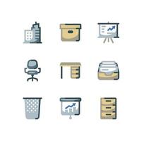 Office interior and furniture icon set with screen and drawer vector icons
