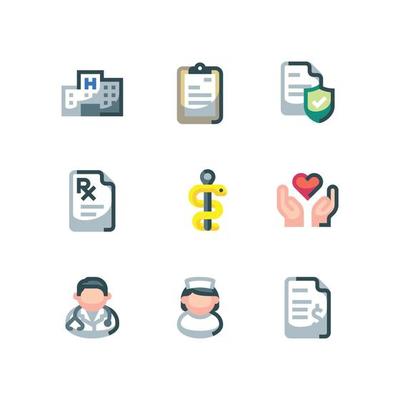 Healthcare and insurance icon set with doctor and nurse vector icons