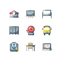 School and classroom icon set with desk and chair vector icons