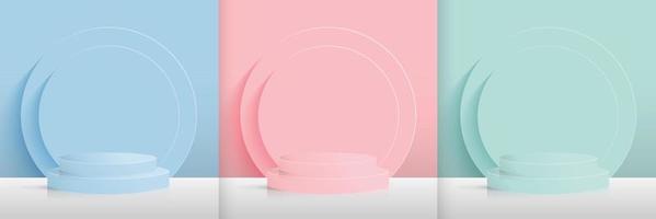 Set of blue, pink and green cylinder bases on stacked circle background. Modern abstract vector illustration showing 3D shapes for products showing presentations. Simple pastel wall backdrop.