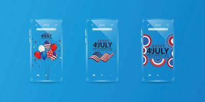 Mobile phone american flag illustration for america united states national day 4th july with blue background vector