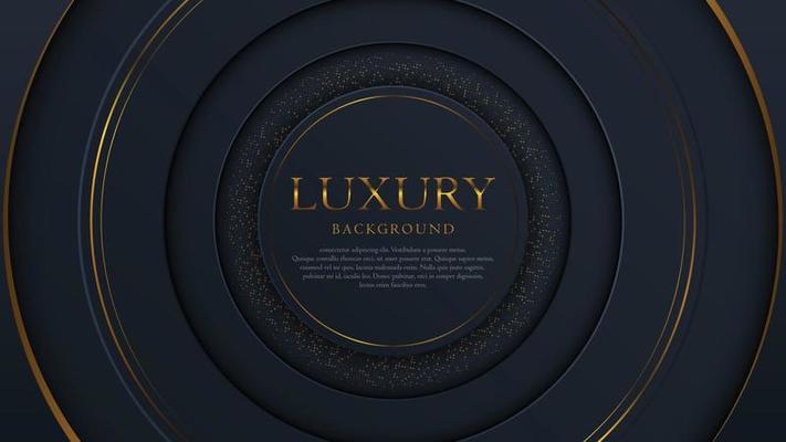 Abstract background of a halftone gradient. Luxury decoration, golden glitter pattern. Modern geometric style. A round place for text. Stylish conception. Black and gold template, minimal banner.