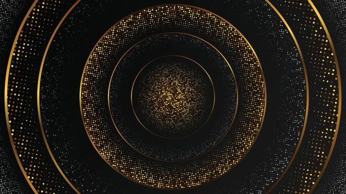 Abstract background of a halftone gradient. Luxury decoration, golden glitter pattern. Modern geometric style. A round place for text. Stylish conception. Black and gold template, minimal banner.