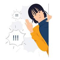 Vector concept illustration Cheerful Woman say hi standing behind a wall while peeking with curiosity, startled, shocked, Surprised, peeping, listening, discovery and Pay attention flat cartoon style
