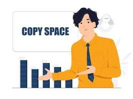 Vector concept illustration Handsome Businessman showing and pointing fingers upper left and right corner with happy expression advices use this copy space wisely flat cartoon style