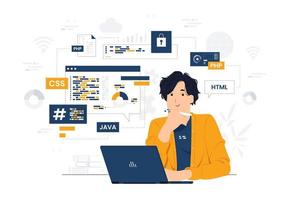 Vector concept illustration Programmer, engineer with laptop sitting at the office desk holding a pen while coding and developing flat cartoon style