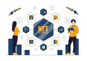 Vector concept illustration of non fungible token or nft, digital crypto art blockchain technology flat cartoon style