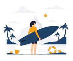 Vector concept illustration of young Beautiful woman standing from behind with a surf board on beach, Summer time flat cartoon style