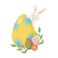 Bunny Character. Peeks out from Egg, Carrot. Cute, Happy Easter Rabbit with Floral, Flower. vector