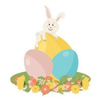 personaje de conejitos en la hierba. sentados y riendo divertidos, felices conejos de dibujos animados de Pascua con huevos, nubes, flores vector