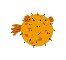 Cute puffer fish with spikes. Round japanese fugu or blowfish in cartoon style. Colored flat vector illustration isolated on white background