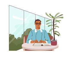 Blind man reading braille book with hands. Young visually impaired person in eyeglasses sitting at table. Colored flat vector illustration