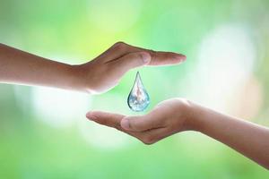 World Environment Day.human hand protecting water drop with sunlight on green nature background. photo