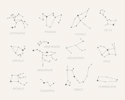 Set of 12 Constellations. Centaurus, Phoenix, Cygnus, Getus, Cepheus, Ursa Minor, Ursa Major, Monoceros, Lepus, Pegasus, Cassiopeia, Draco, Chamaeleon vector