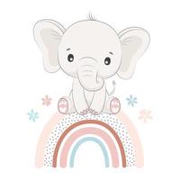Cute baby elephant sitting on a rainbow. Hand drawn vector illustration.