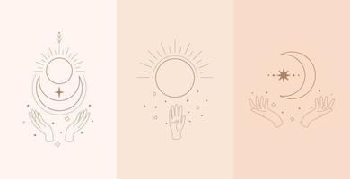Set of celestial talisman with woman hands. Vector illustration in boho style