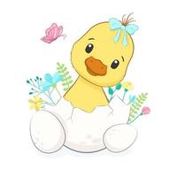 Happy Easter. Cute duckling with eggs. Vector illustration.