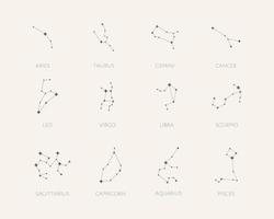 Set of 12 zodiac signs. Constellation of Aries, Taurus, Leo, Gemini, Virgo, Scorpio, Libra, Aquarius, Sagittarius, Pisces, Capricorn, Cancer. vector